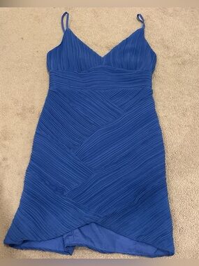 DO+BE Cobalt Blue Pleated V-Neck Mini Dress